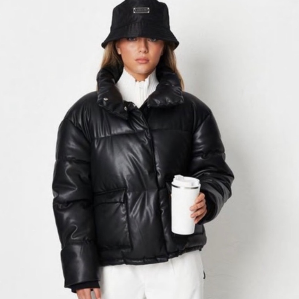 Missguided Faux Leather Puffer Coat Black Sz 6